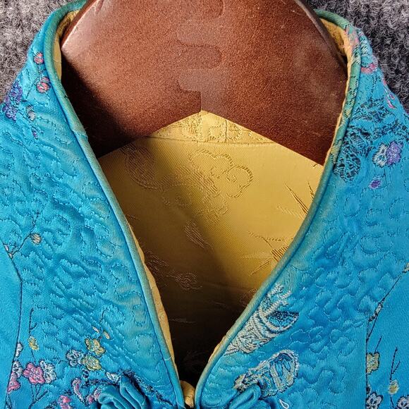 Vtg Peony Chinese Silk-Like Jacket Womens Small Blue Embroidered Mandarin Collar - Picture 9 of 12